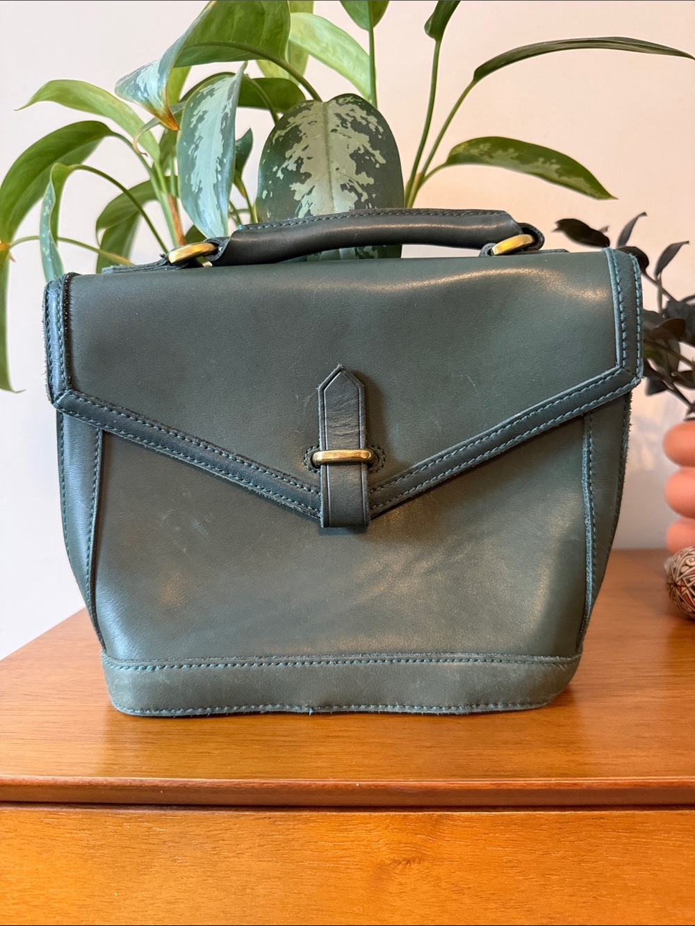 Madewell Classic Forest Green Leather Top-Handle Satchel Purse Bag w/ Strap